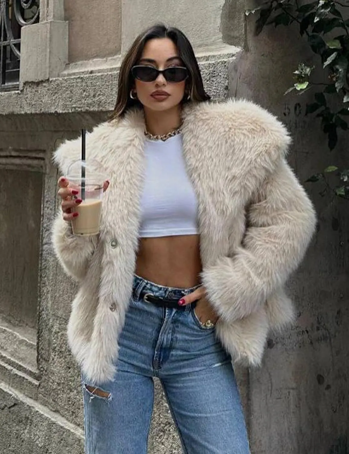 COZYPOIN Womens Faux Fur Jacket Fluffy Fur Cropped Coat Long Sleeve Open Front Fur Cape