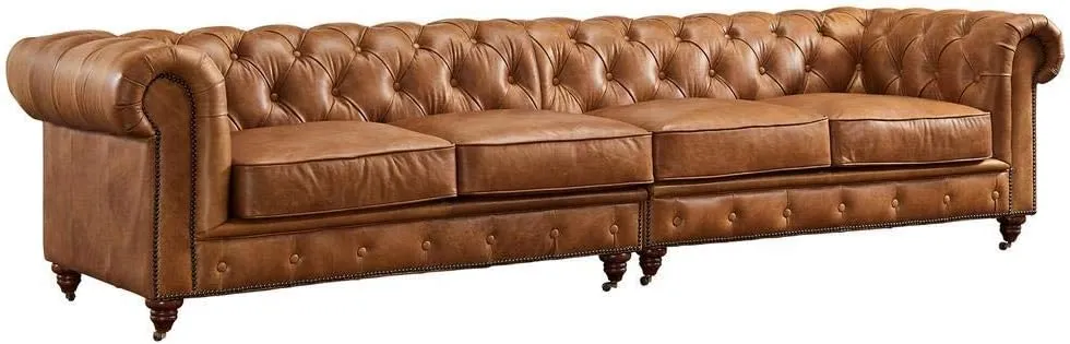 Crafters and Weavers Century Chesterfield Sofa - Light Brown Leather - 118"
