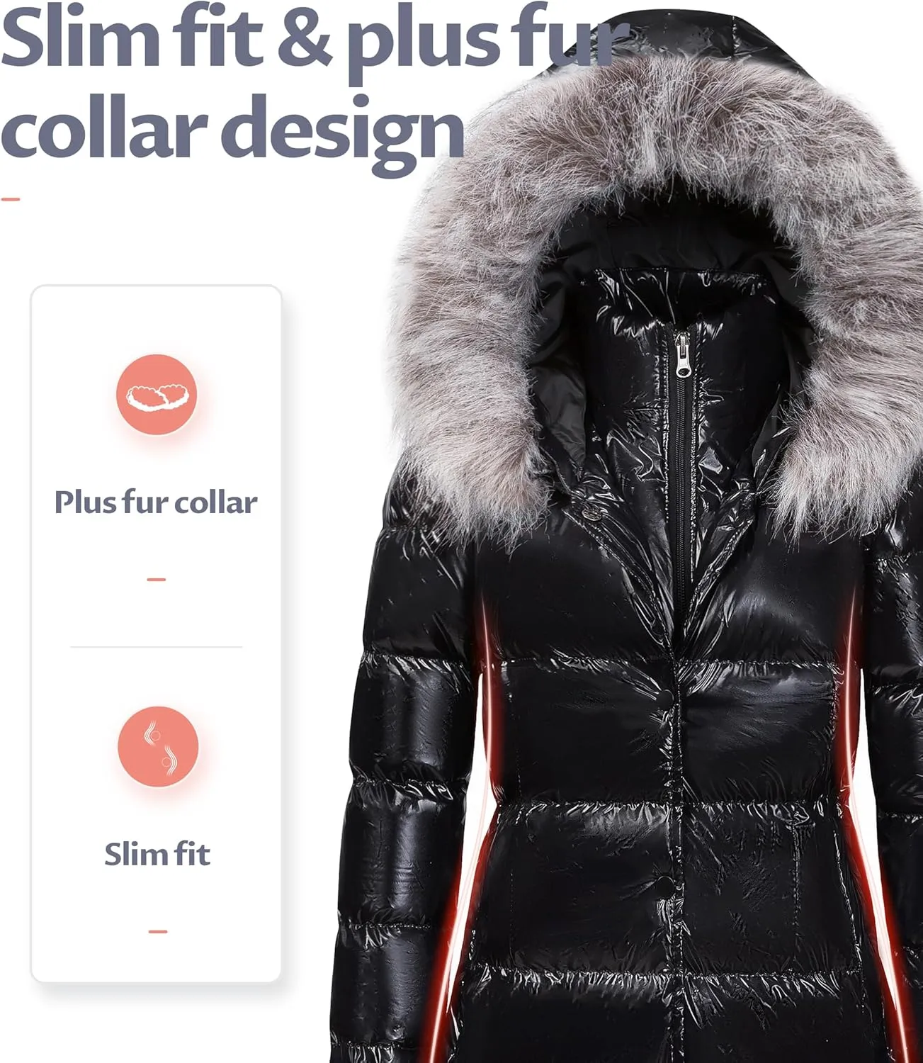 CREATMO US Women's Winter Snow Jacket Long Fur Puffer Coat With Removable Faux Fur Trim