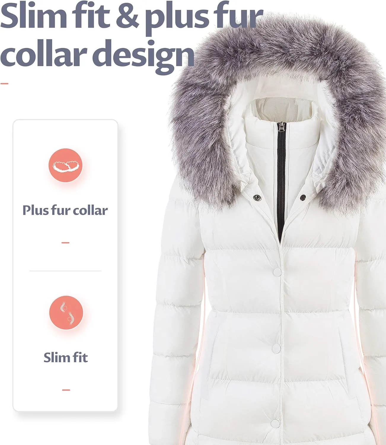 CREATMO US Women's Winter Snow Jacket Long Fur Puffer Coat With Removable Faux Fur Trim