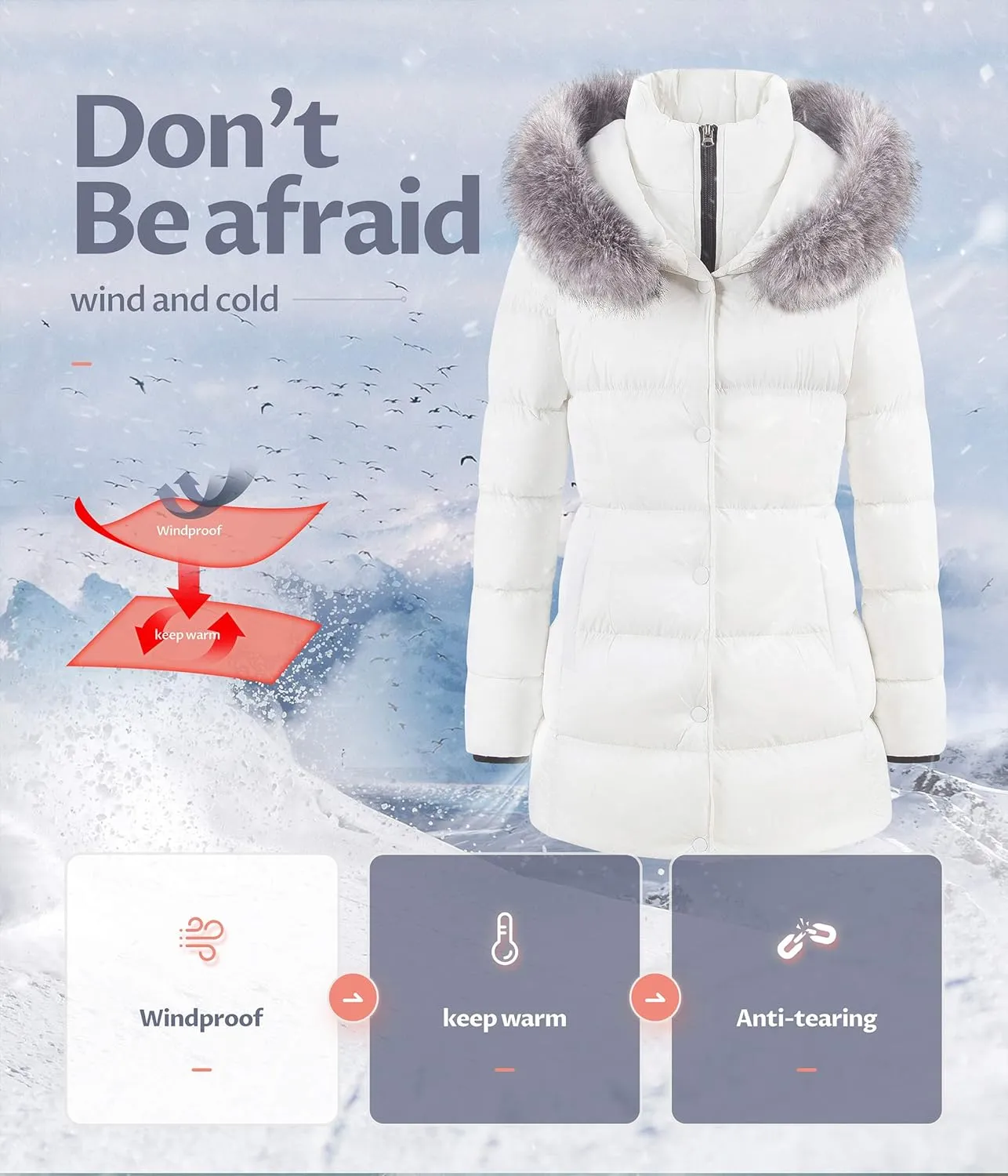 CREATMO US Women's Winter Snow Jacket Long Fur Puffer Coat With Removable Faux Fur Trim