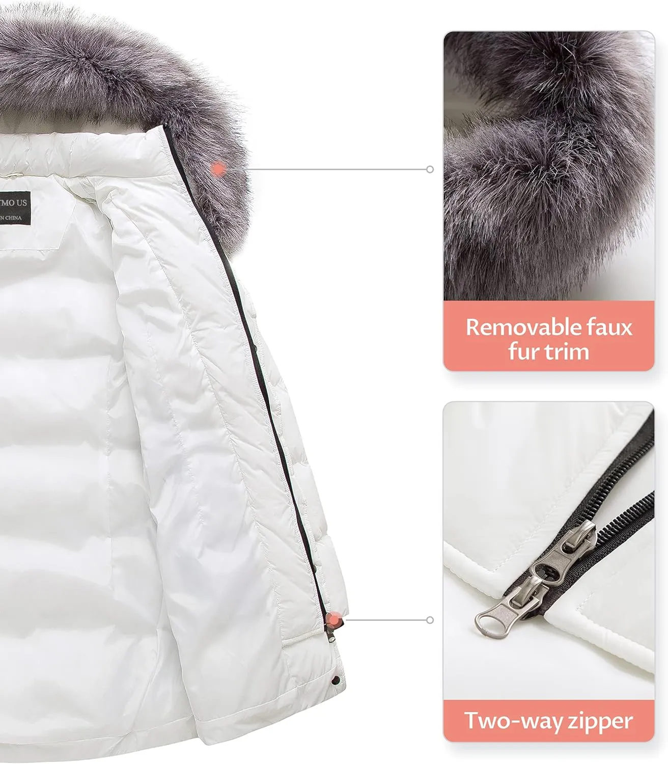 CREATMO US Women's Winter Snow Jacket Long Fur Puffer Coat With Removable Faux Fur Trim