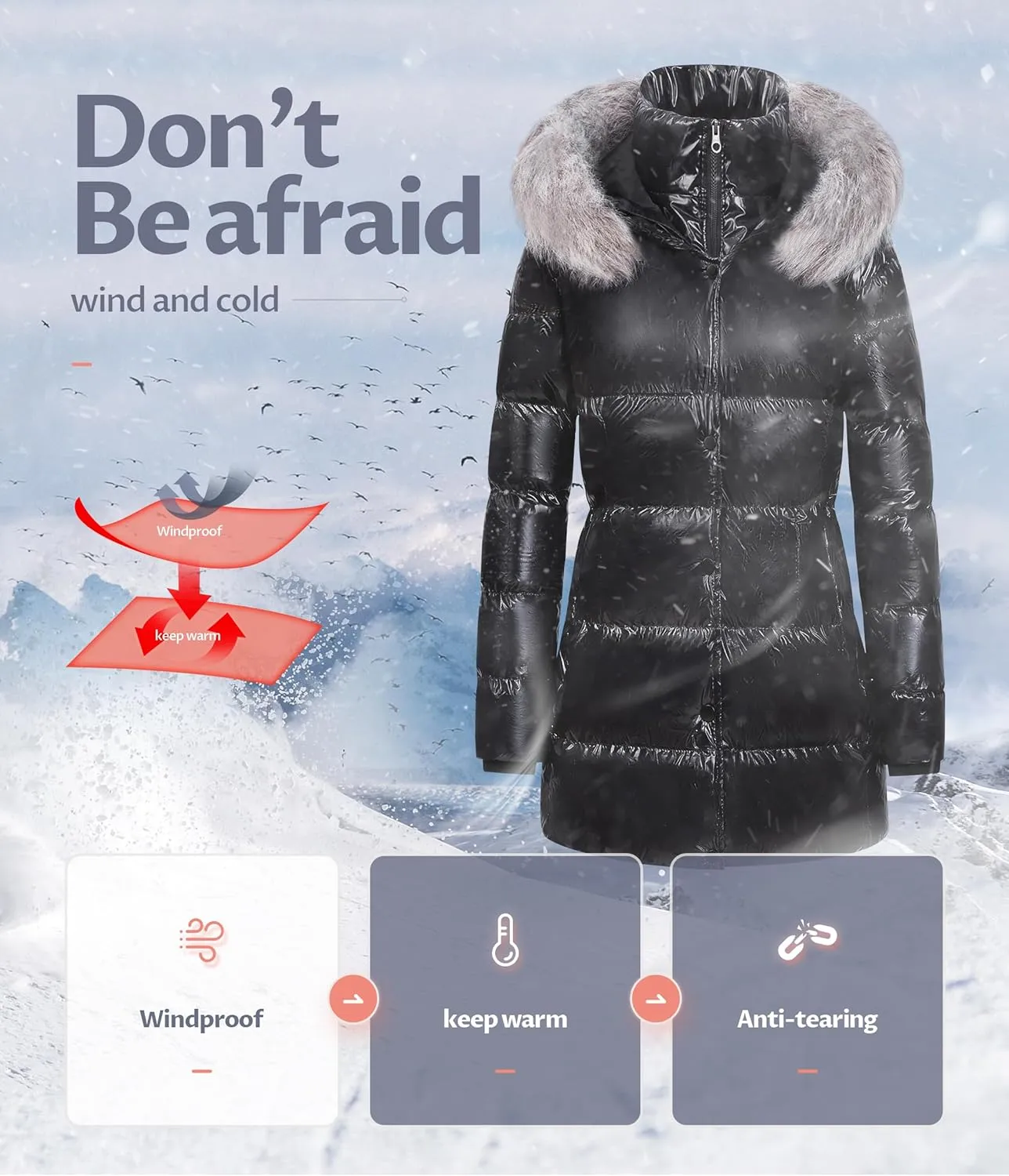 CREATMO US Women's Winter Snow Jacket Long Fur Puffer Coat With Removable Faux Fur Trim