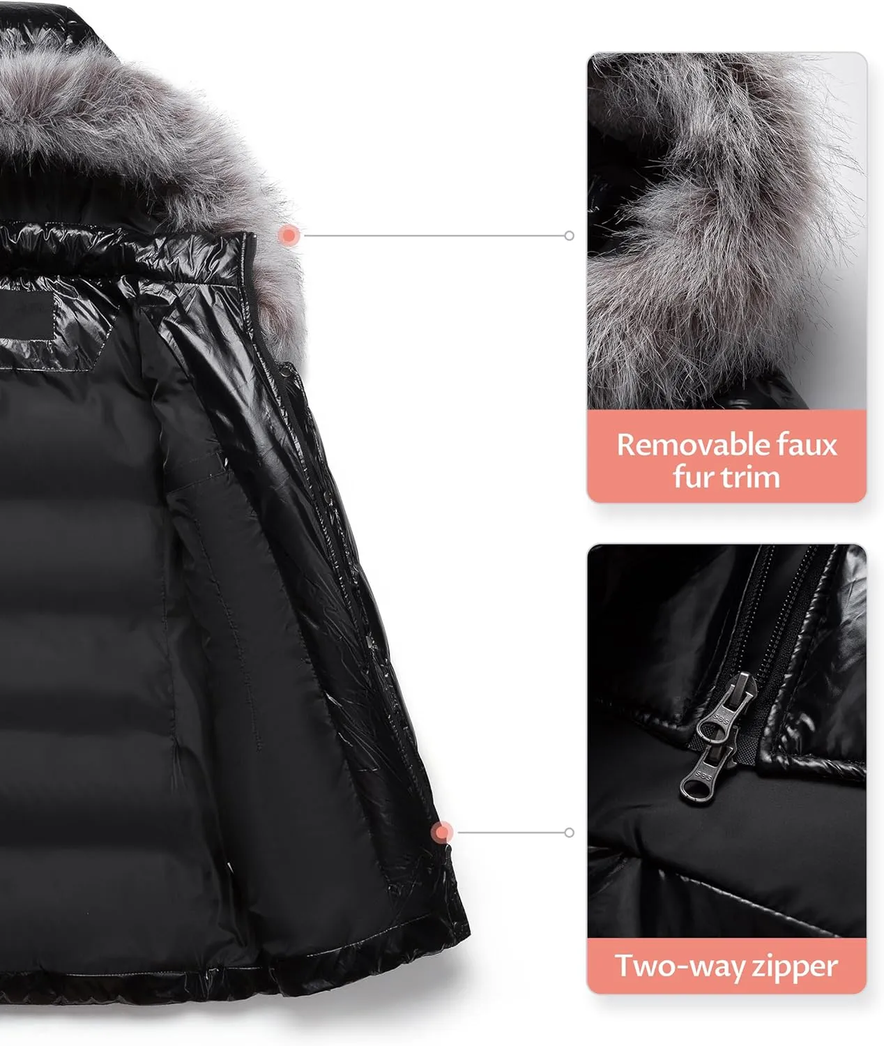 CREATMO US Women's Winter Snow Jacket Long Fur Puffer Coat With Removable Faux Fur Trim