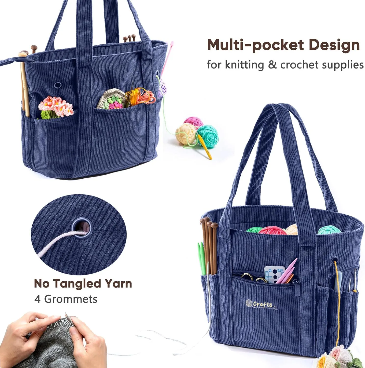 Crochet Bag and Tote - Corduroy Yarn Bag - Yarn Holder for Crocheting - Crochet Storage Bag for Crochet Hooks, Crochet Accessories, Knitting Bag for Crochet Lovers, Mother's Day Gift