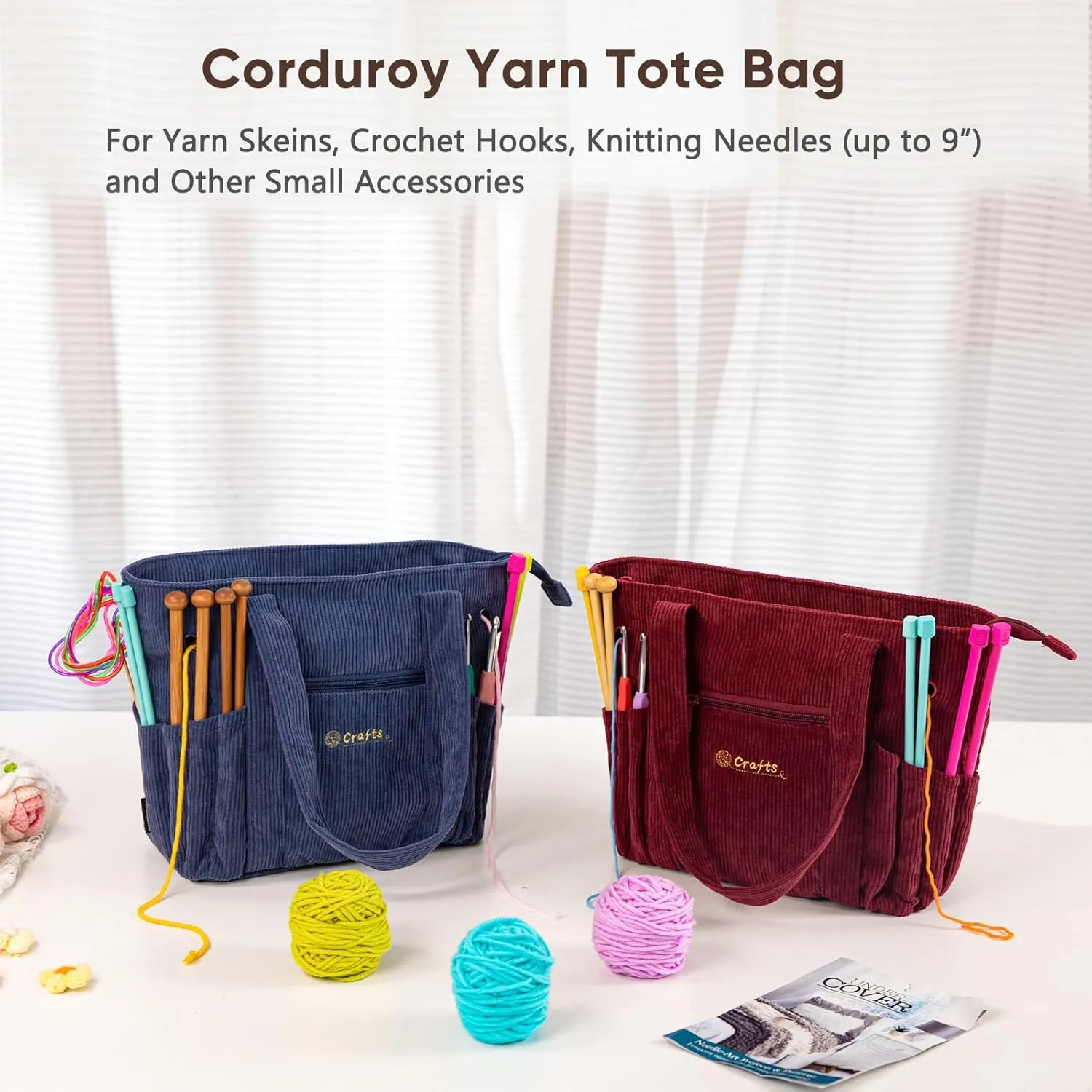 Crochet Bag and Tote - Corduroy Yarn Bag - Yarn Holder for Crocheting - Crochet Storage Bag for Crochet Hooks, Crochet Accessories, Knitting Bag for Crochet Lovers, Mother's Day Gift
