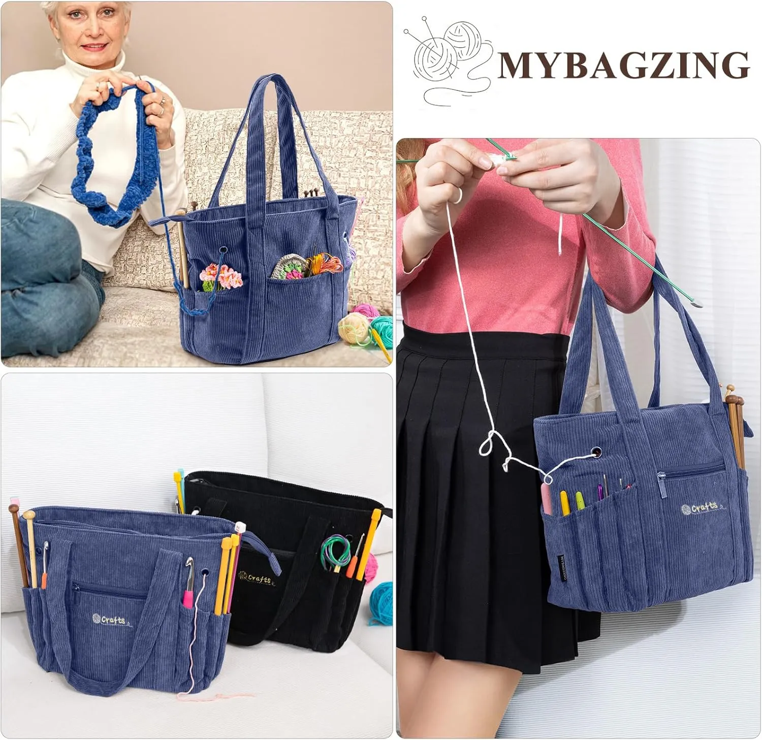 Crochet Bag and Tote - Corduroy Yarn Bag - Yarn Holder for Crocheting - Crochet Storage Bag for Crochet Hooks, Crochet Accessories, Knitting Bag for Crochet Lovers, Mother's Day Gift