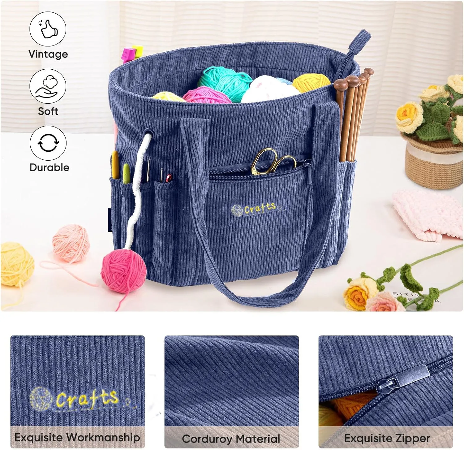 Crochet Bag and Tote - Corduroy Yarn Bag - Yarn Holder for Crocheting - Crochet Storage Bag for Crochet Hooks, Crochet Accessories, Knitting Bag for Crochet Lovers, Mother's Day Gift