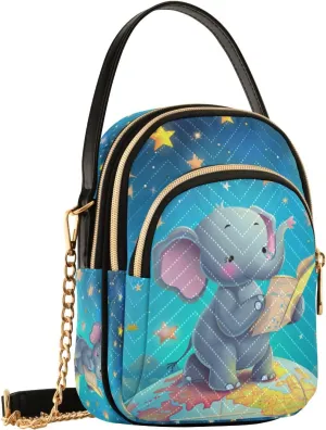 Crossbody Bag for Women, Elephant Read Book Starry Sky Phone Purse Detachable Chain Bag Shoulder Handbag Wallet