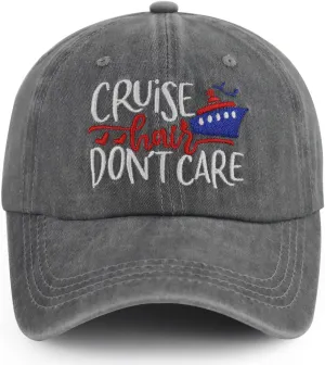 Cruise Hair Don't Care Hats for Men Women, Adjustable Vintage Embroidered Washed Cotton Denim Boat Baseball Cap
