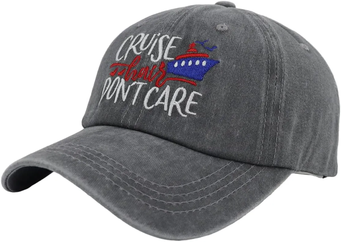 Cruise Hair Don't Care Hats for Men Women, Adjustable Vintage Embroidered Washed Cotton Denim Boat Baseball Cap
