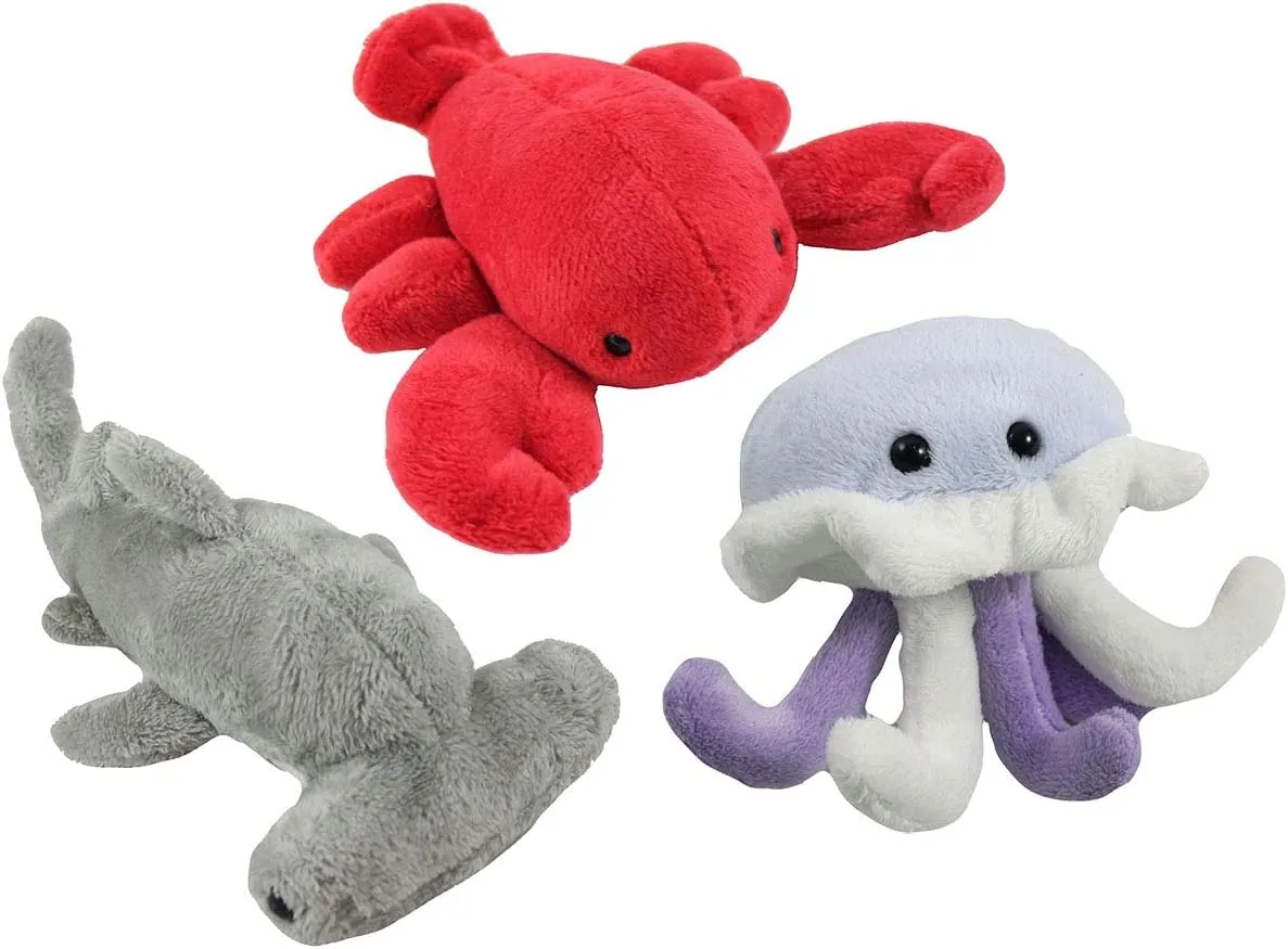 Curious Minds Busy Bags 3 Cute Mini Ocean Animal Plush Stuffed Animals- Adorable Mini Plushie - Hammerhead Shark, Jellyfish, Lobster