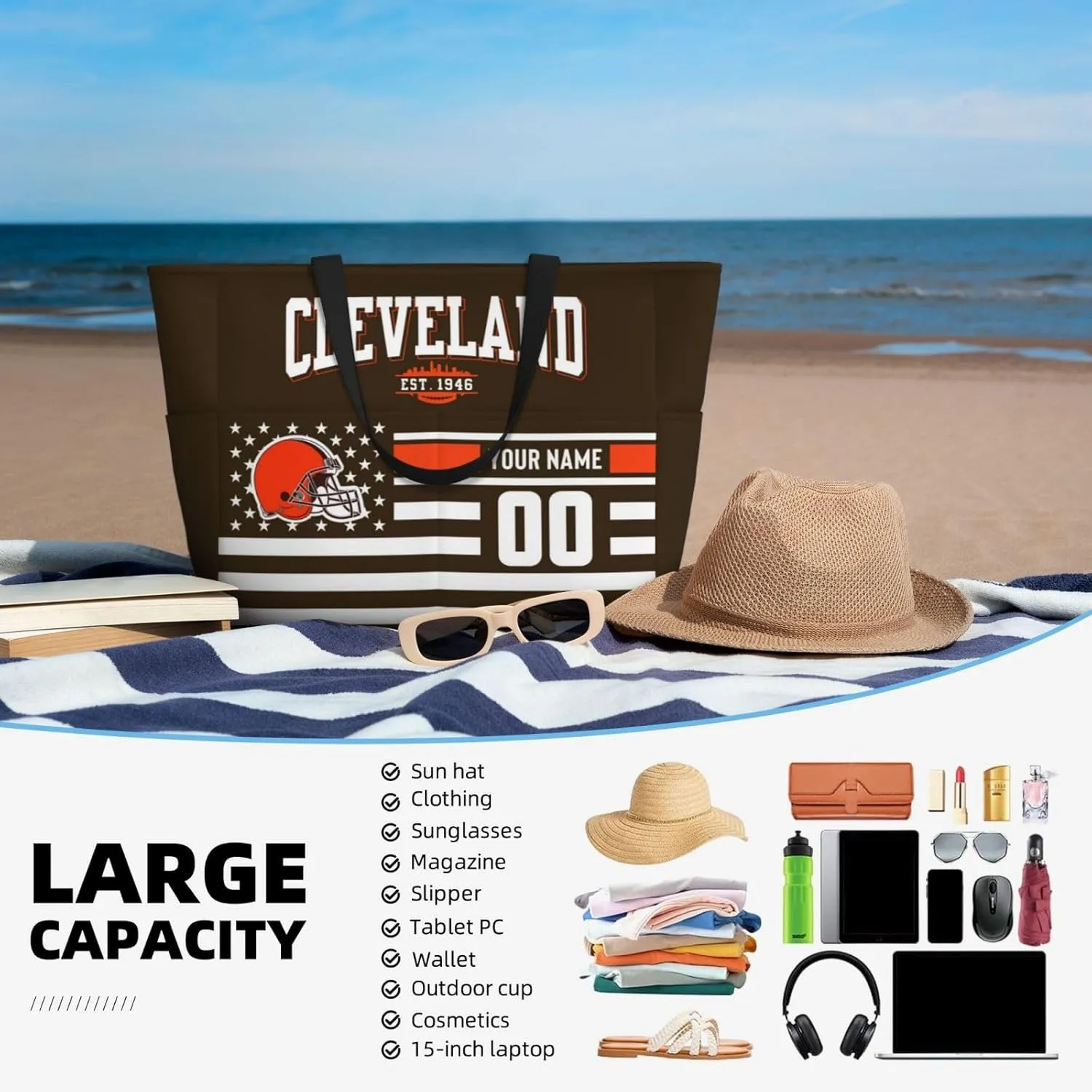 Custom Beach Bag Custom Football Style Large Beach Tote Bag Personalized Add Your Name and Number Shoulder Bag