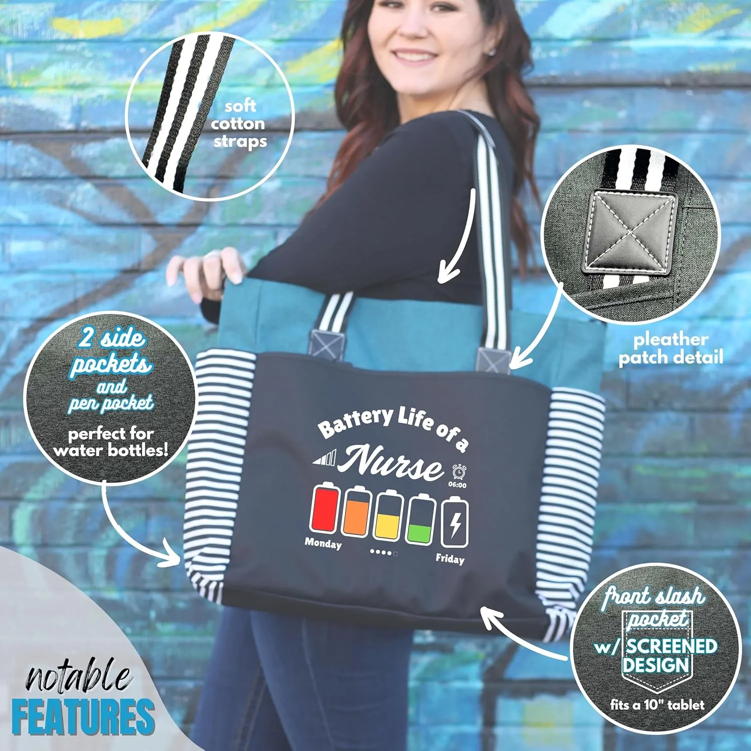 Custom Designed Personalized Brooke & Jess Designs Nurse Tote Bag Laptop Computer Work Travel Bag with Zipper and Interior Pockets (Teal)