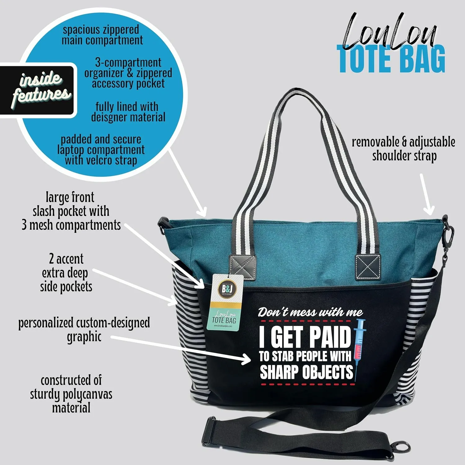 Custom Designed Personalized Brooke & Jess Designs Nurse Tote Bag Laptop Computer Work Travel Bag with Zipper and Interior Pockets (Teal)