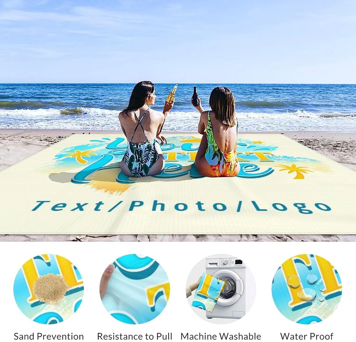 Custom Waterproof Beach Blanket - 110''x118'' Oversized Sandproof Personalized Beach Mat - Extra Large Portable Beach Blankets for Outdoor Picnic Hiking