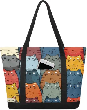 Cute Animal Design Canvas Tote Bag Casual Shoulder Handbag Large Shopping Bags With 5 Pocket Carry On Weekender Backpack for Women Travel Work Gifts Duffle Grocery Compartment