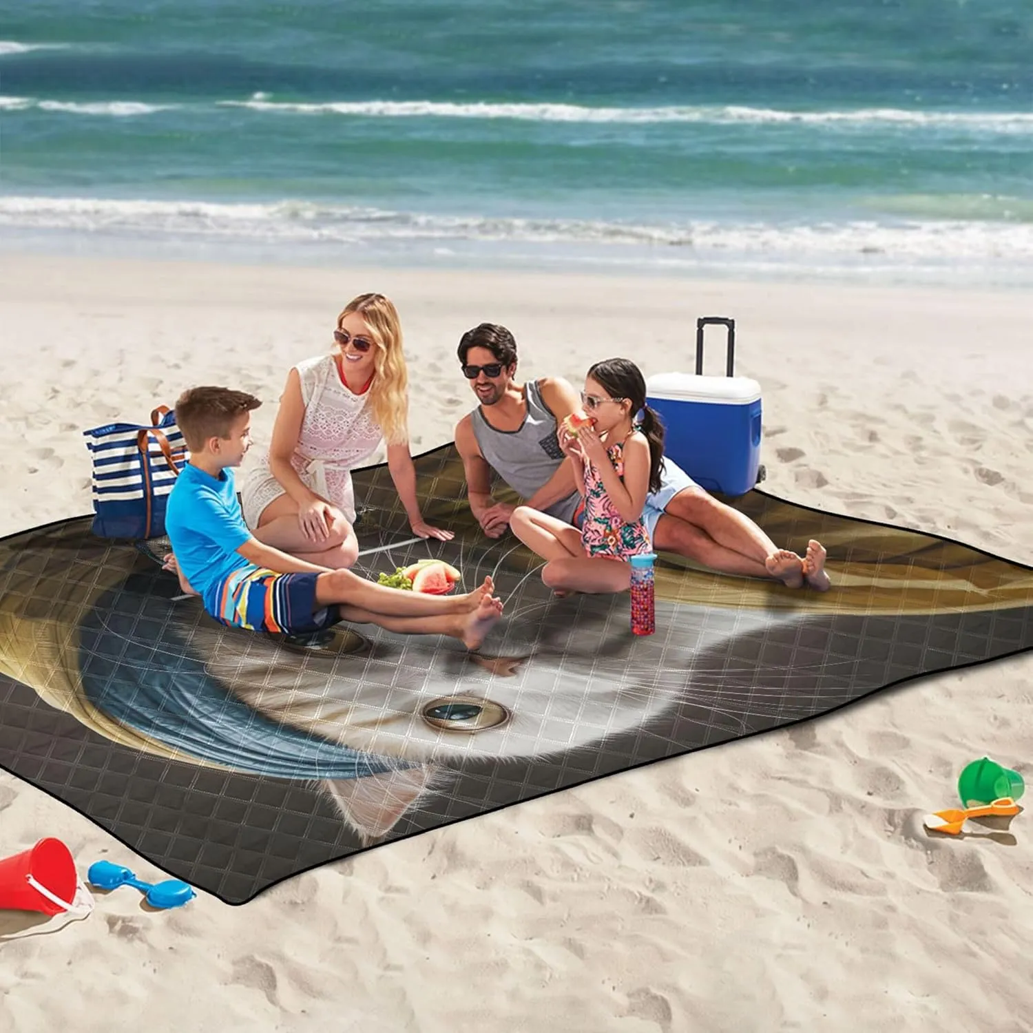 Cute Cat with Pearl Earrings Waterproof Beach Blanket Oversized Outdoor Play Mat for Grass Extra Large Cute Picnic Essentials Foldable 118" x 80"