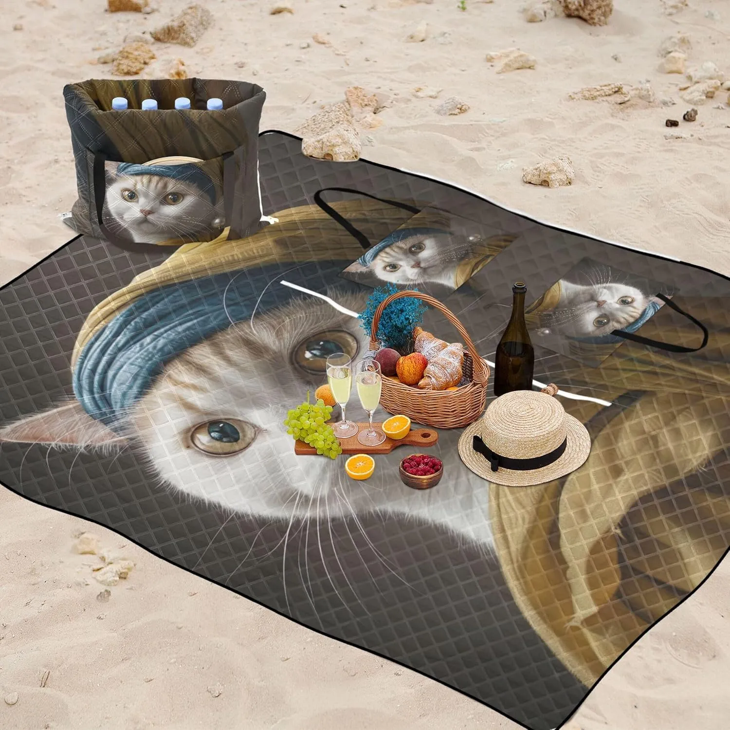 Cute Cat with Pearl Earrings Waterproof Beach Blanket Oversized Outdoor Play Mat for Grass Extra Large Cute Picnic Essentials Foldable 118" x 80"