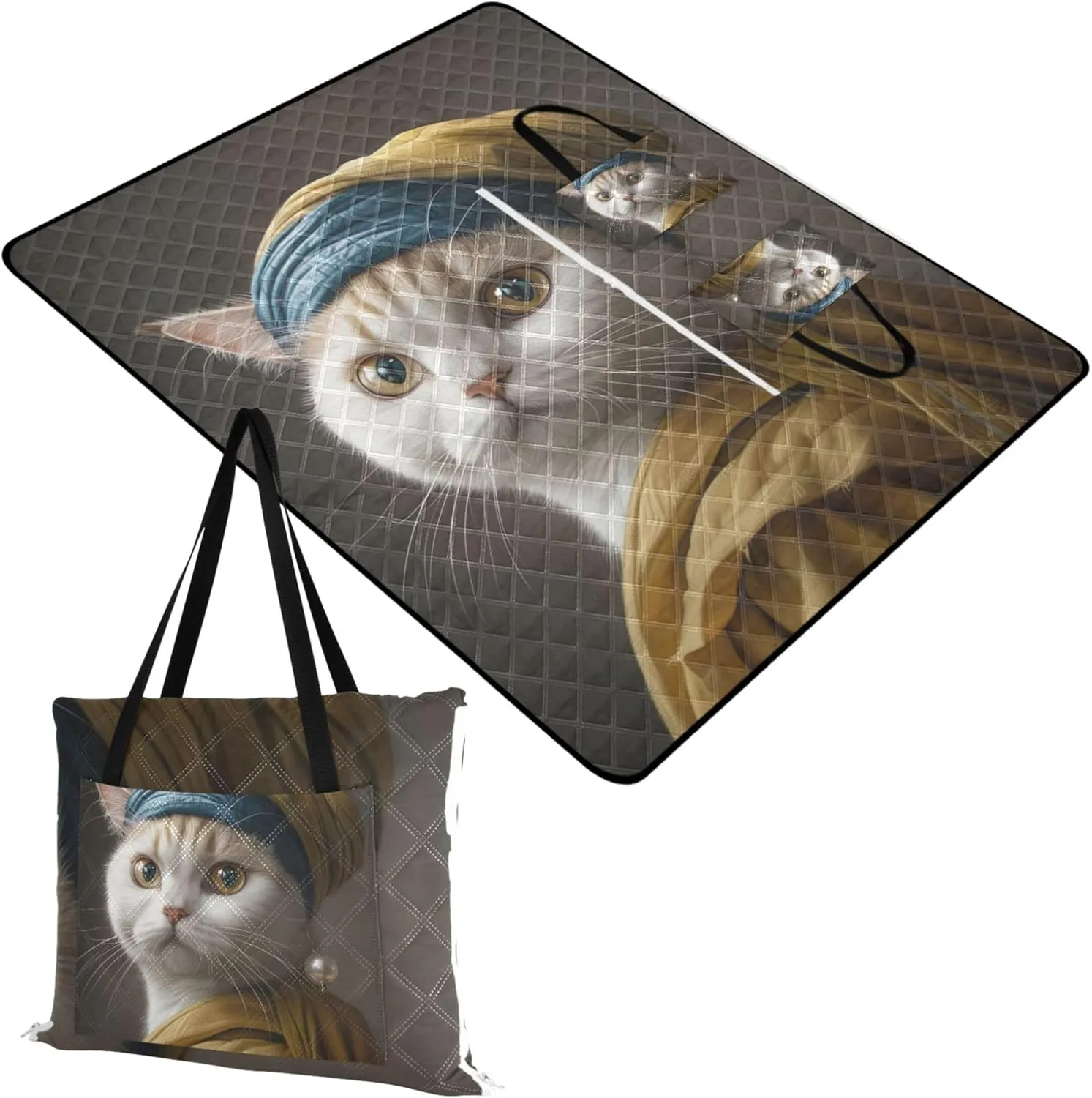 Cute Cat with Pearl Earrings Waterproof Beach Blanket Oversized Outdoor Play Mat for Grass Extra Large Cute Picnic Essentials Foldable 118" x 80"