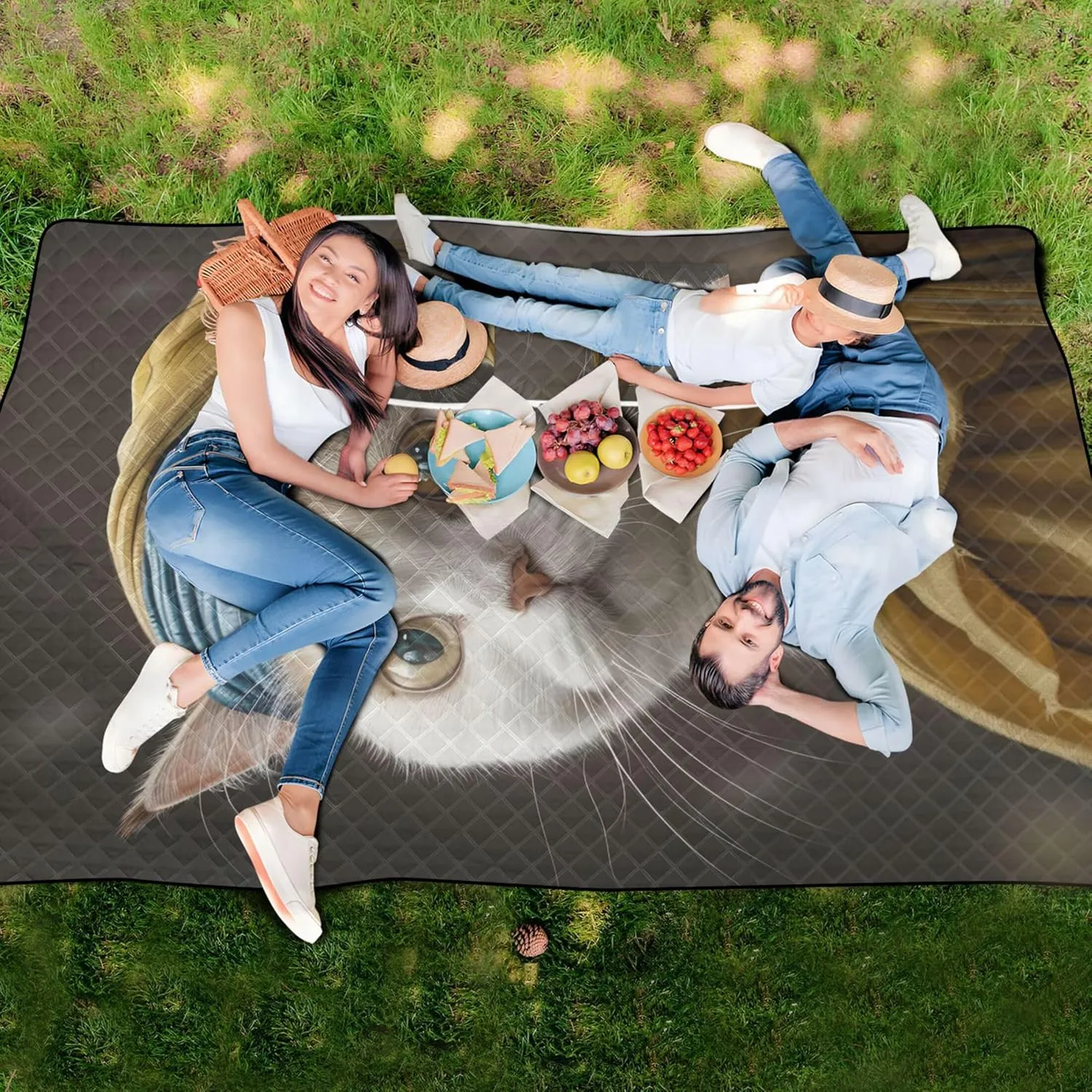Cute Cat with Pearl Earrings Waterproof Beach Blanket Oversized Outdoor Play Mat for Grass Extra Large Cute Picnic Essentials Foldable 118" x 80"