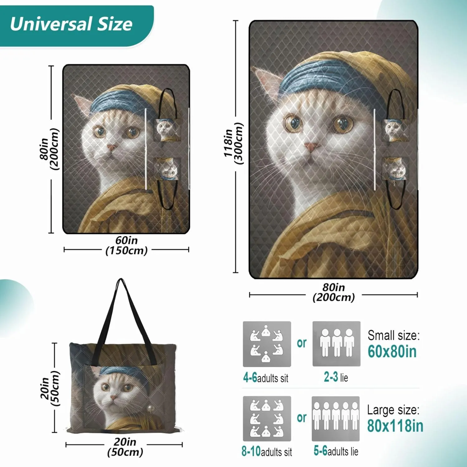 Cute Cat with Pearl Earrings Waterproof Beach Blanket Oversized Outdoor Play Mat for Grass Extra Large Cute Picnic Essentials Foldable 118" x 80"