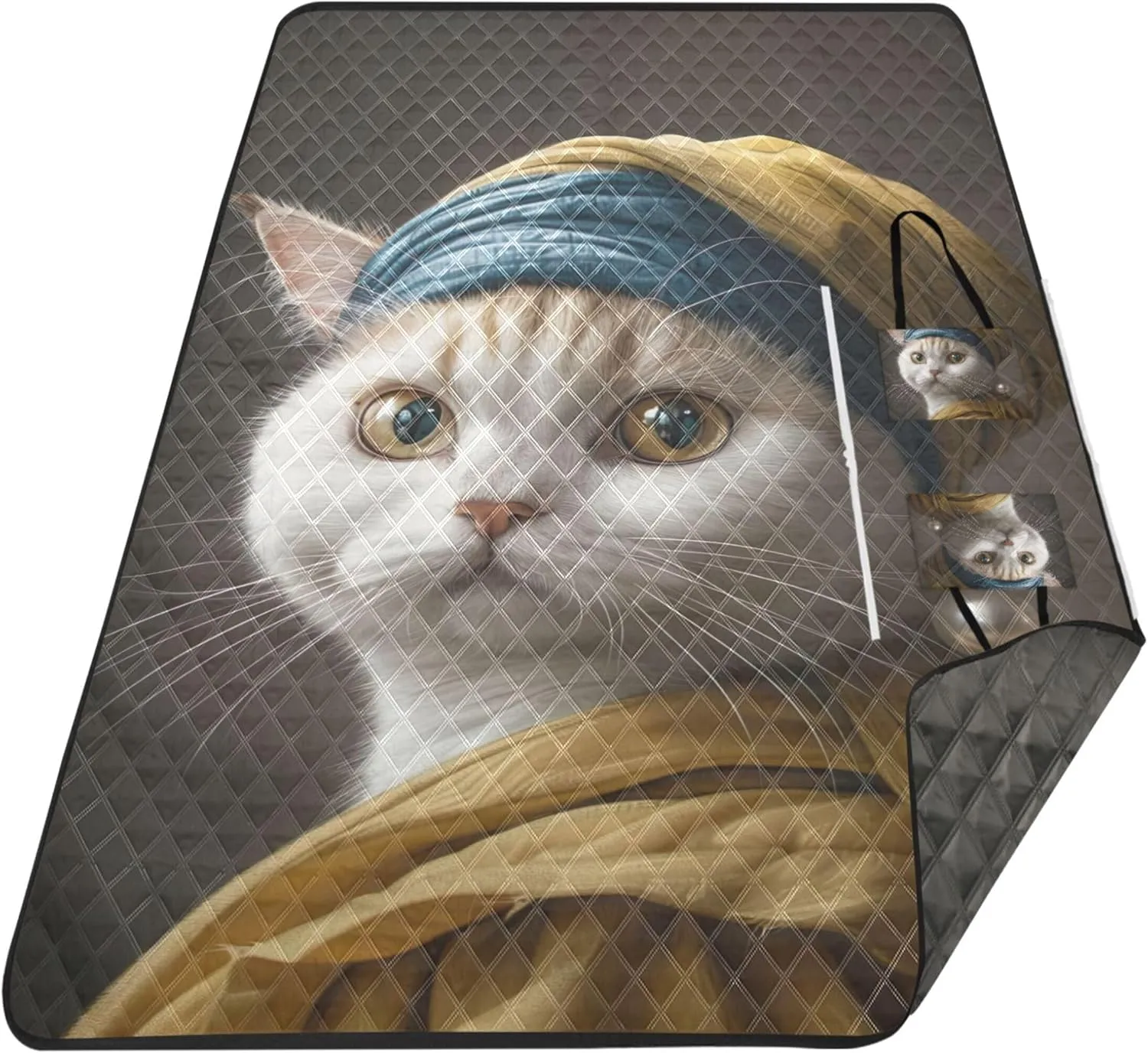 Cute Cat with Pearl Earrings Waterproof Beach Blanket Oversized Outdoor Play Mat for Grass Extra Large Cute Picnic Essentials Foldable 118" x 80"