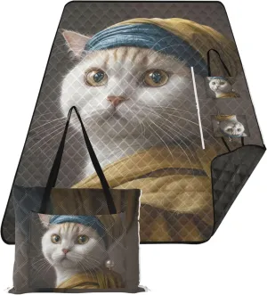 Cute Cat with Pearl Earrings Waterproof Beach Blanket Oversized Outdoor Play Mat for Grass Extra Large Cute Picnic Essentials Foldable 118" x 80"