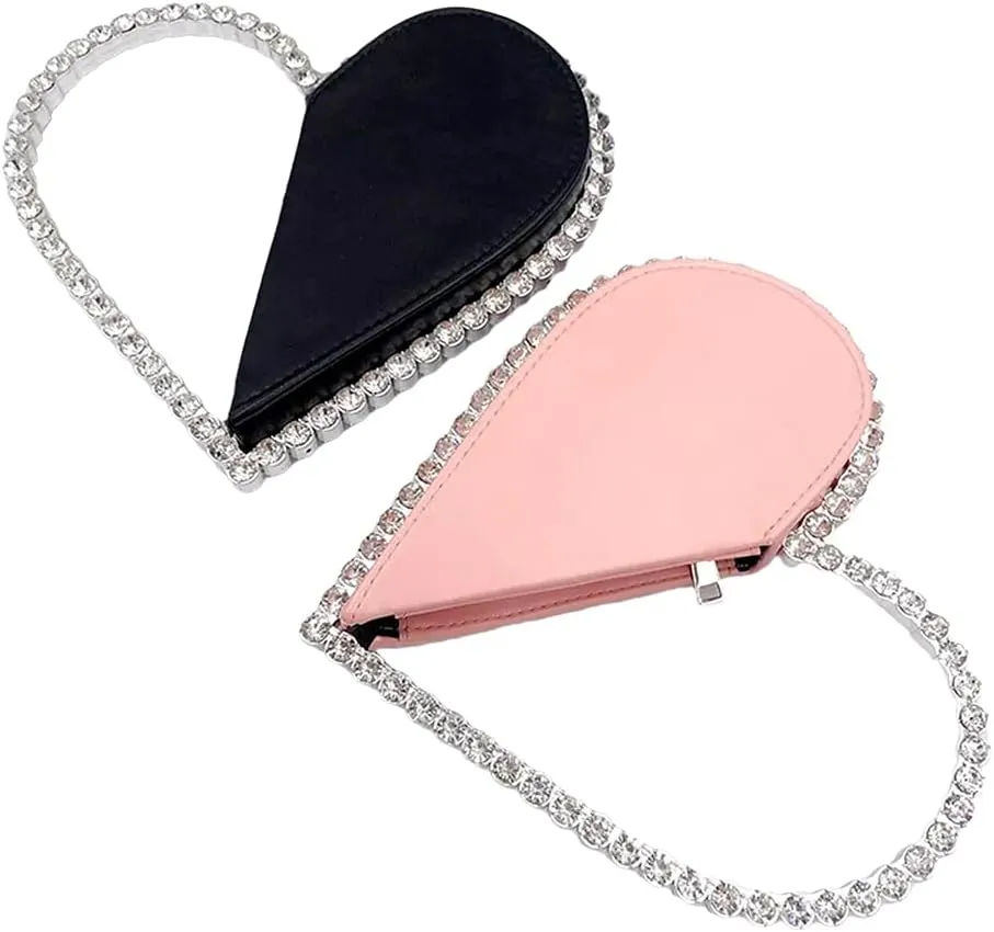 Cute Mini Heart Shape Evening Clutch Bag, Rhinestone Diamond Frame Wedding Party Purse Handbag for Women