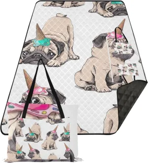 Cute Puppies Pugs Dog Oversized Beach Blanket Waterproof Cute Picnic Blankets Foldable Floral Outdoor Camping Mat 60 x 80 Inch