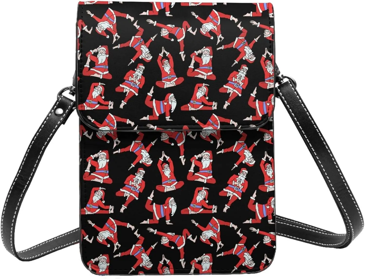 cute Santa Claus doing yoga pose black Crossbody Cell Phone Purse for Women Girls Leather Mini Cross Body Bags Small Shoulder Bags
