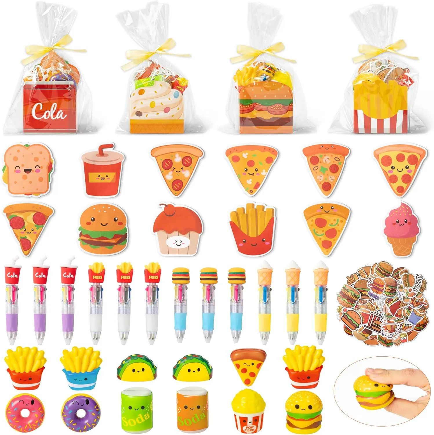 CY2SIDE 12 Pack Fast Food Slow Rising Squishy Toys with Gift Box Party Favors for Kids, Junk Food Stationery Party Gift Set Include 4-in-1 Ballpoint Pen Sticky Note Sticker for Kids Goodies Bag Filler