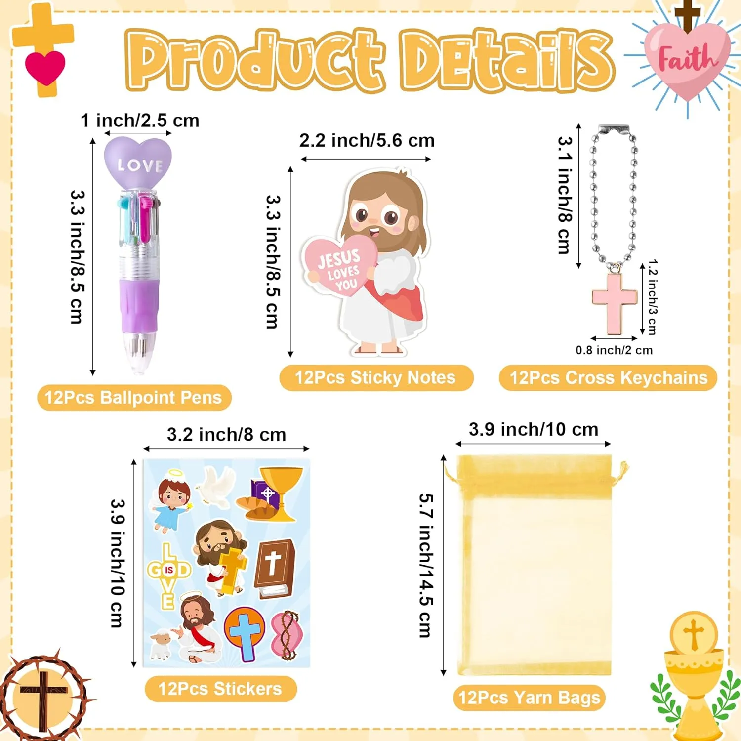 CY2SIDE Religious Stationery Party Gift - 24 Pack Christian Stationery Gift Set Include 4-in-1 Ballpoint Pen Sticky Note Sticker Cross Keychain and Organza Bible School Party Favors Goodie Bag Fillers