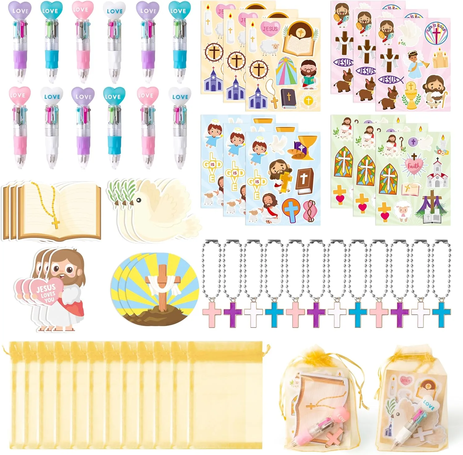 CY2SIDE Religious Stationery Party Gift - 24 Pack Christian Stationery Gift Set Include 4-in-1 Ballpoint Pen Sticky Note Sticker Cross Keychain and Organza Bible School Party Favors Goodie Bag Fillers