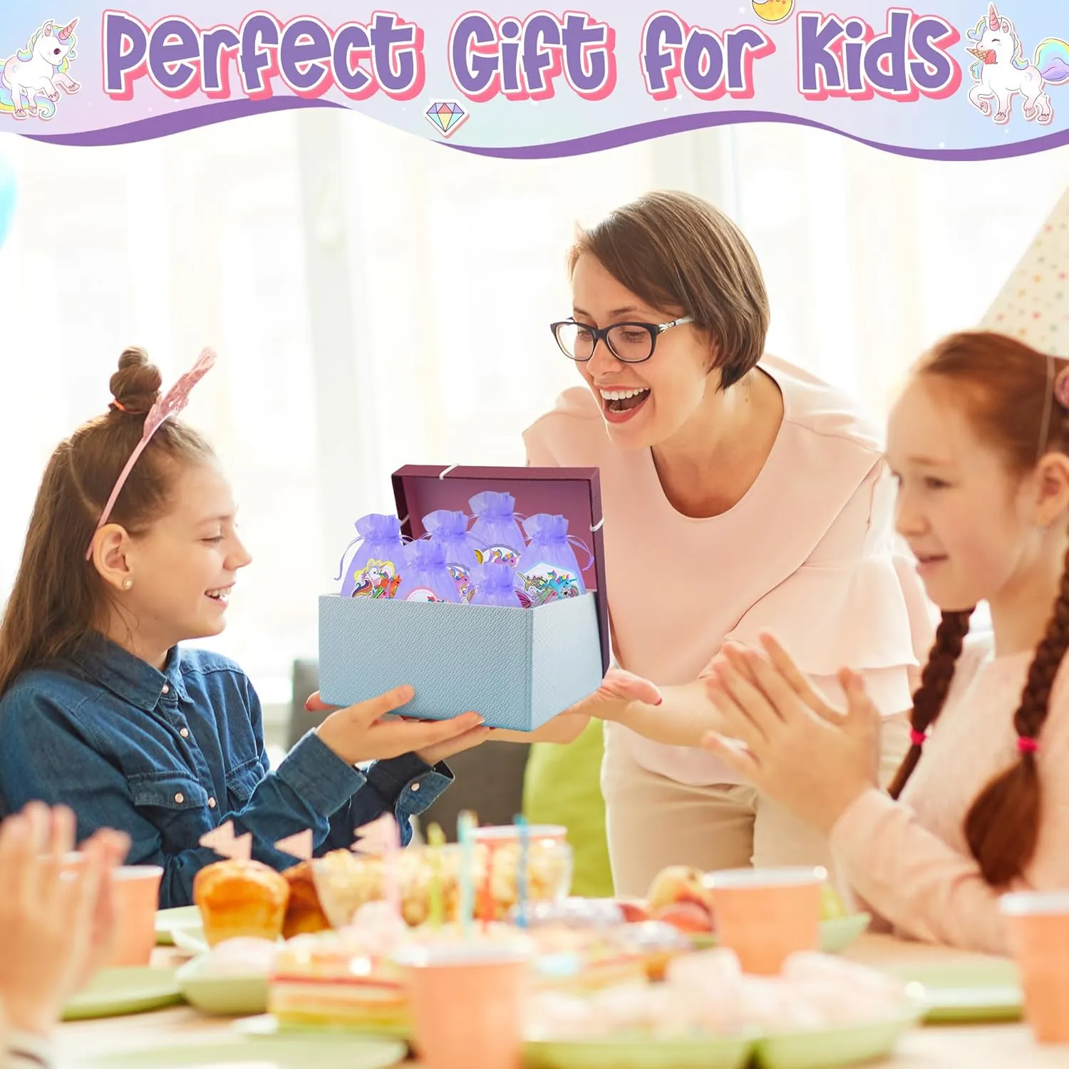 CY2SIDE Unicorn Stationery Party Gift - 24 Pack Girls Unicorn Prizes Set Include 4-in-1 Ballpoint Pen Sticky Note Sticker and Organza for Kids Summer Party Favor Goodie Bag Fillers for School Rewards