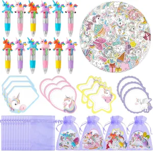 CY2SIDE Unicorn Stationery Party Gift - 24 Pack Girls Unicorn Prizes Set Include 4-in-1 Ballpoint Pen Sticky Note Sticker and Organza for Kids Summer Party Favor Goodie Bag Fillers for School Rewards
