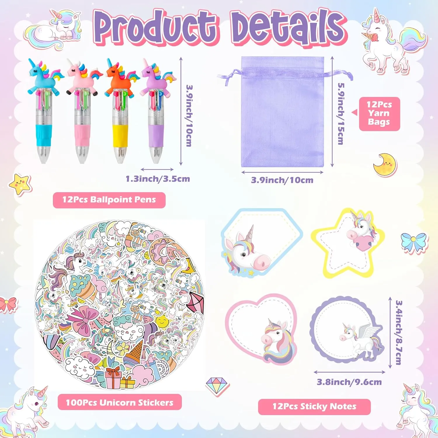 CY2SIDE Unicorn Stationery Party Gift - 24 Pack Girls Unicorn Prizes Set Include 4-in-1 Ballpoint Pen Sticky Note Sticker and Organza for Kids Summer Party Favor Goodie Bag Fillers for School Rewards