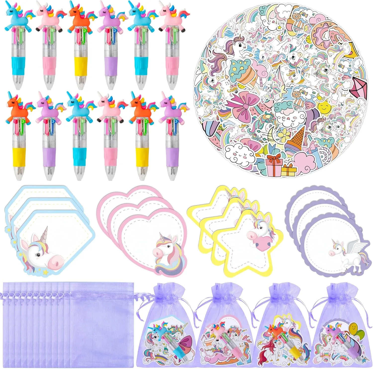 CY2SIDE Unicorn Stationery Party Gift - 24 Pack Girls Unicorn Prizes Set Include 4-in-1 Ballpoint Pen Sticky Note Sticker and Organza for Kids Summer Party Favor Goodie Bag Fillers for School Rewards
