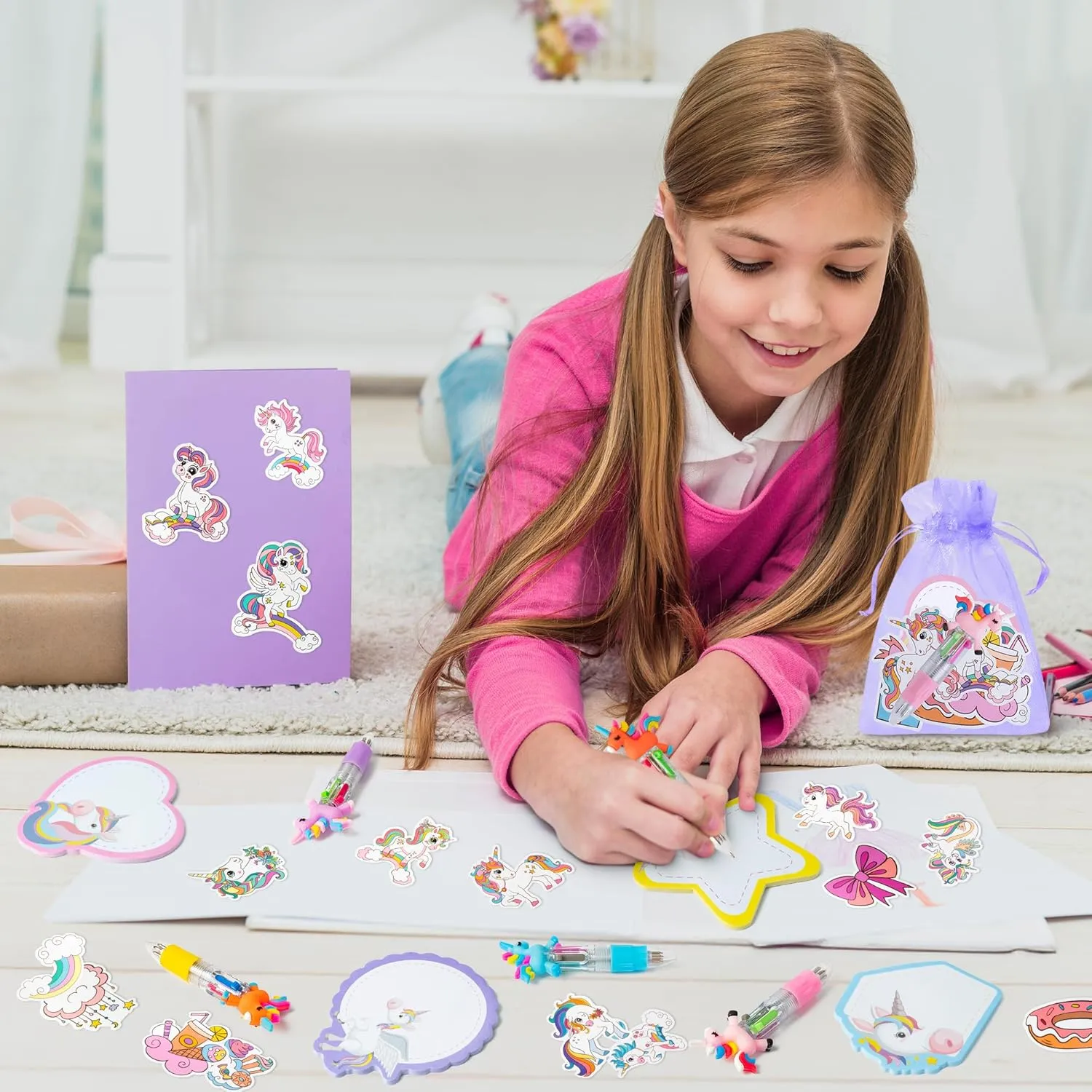 CY2SIDE Unicorn Stationery Party Gift - 24 Pack Girls Unicorn Prizes Set Include 4-in-1 Ballpoint Pen Sticky Note Sticker and Organza for Kids Summer Party Favor Goodie Bag Fillers for School Rewards