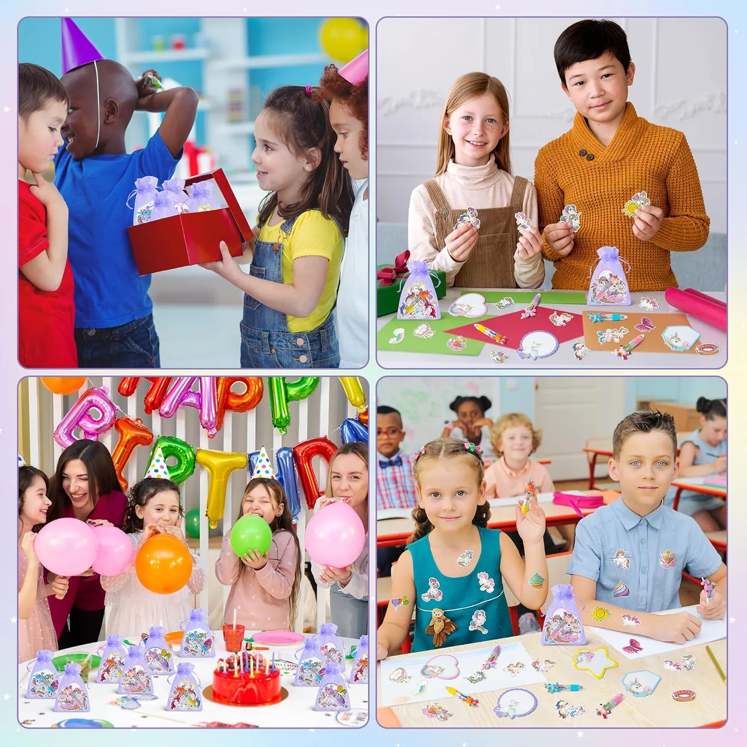CY2SIDE Unicorn Stationery Party Gift - 24 Pack Girls Unicorn Prizes Set Include 4-in-1 Ballpoint Pen Sticky Note Sticker and Organza for Kids Summer Party Favor Goodie Bag Fillers for School Rewards