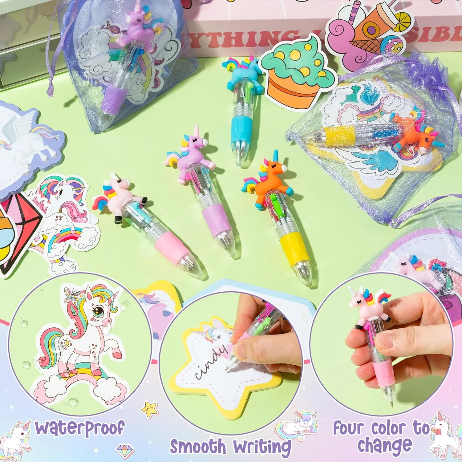CY2SIDE Unicorn Stationery Party Gift - 24 Pack Girls Unicorn Prizes Set Include 4-in-1 Ballpoint Pen Sticky Note Sticker and Organza for Kids Summer Party Favor Goodie Bag Fillers for School Rewards