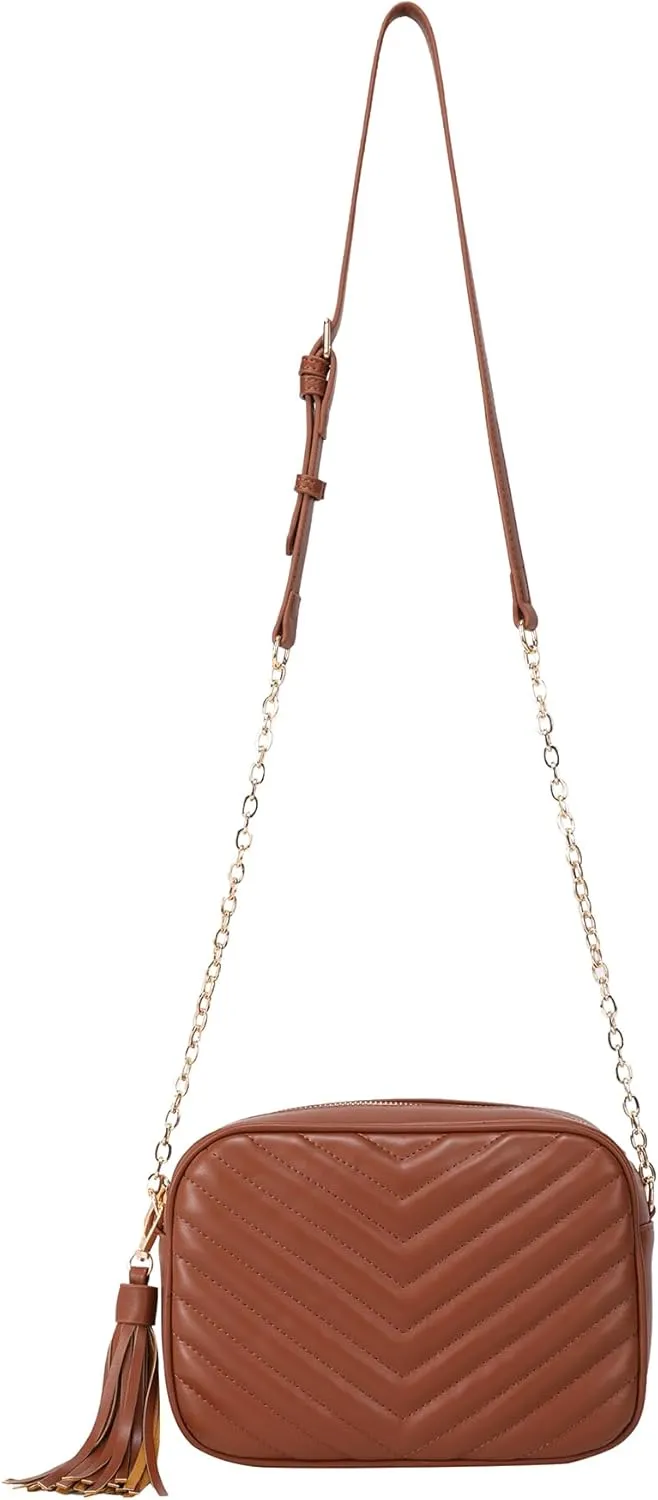 Daisy Rose Quilted Shoulder Cross Body Bag & Detachable Tassel, PU Vegan Leather