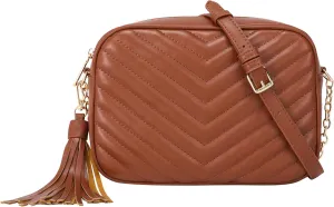 Daisy Rose Quilted Shoulder Cross Body Bag & Detachable Tassel, PU Vegan Leather