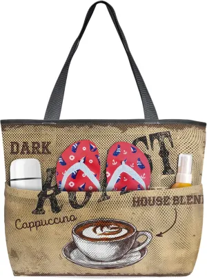 Dark Roast Coffee Cup Cappuccino Beach Tote Bag for Women, Retro Yellow Backdrop Mesh Beach Bags Waterproof Sandproof, Outdoor Picnic Swim Pool Handbag - Large Beach Bag with Zipper and Pockets