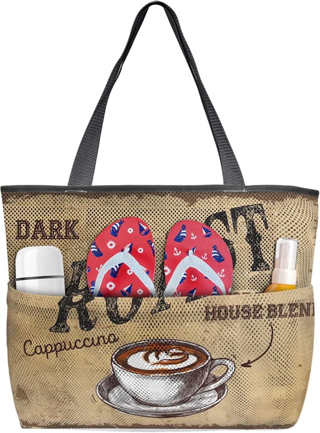 Dark Roast Coffee Cup Cappuccino Beach Tote Bag for Women, Retro Yellow Backdrop Mesh Beach Bags Waterproof Sandproof, Outdoor Picnic Swim Pool Handbag - Large Beach Bag with Zipper and Pockets