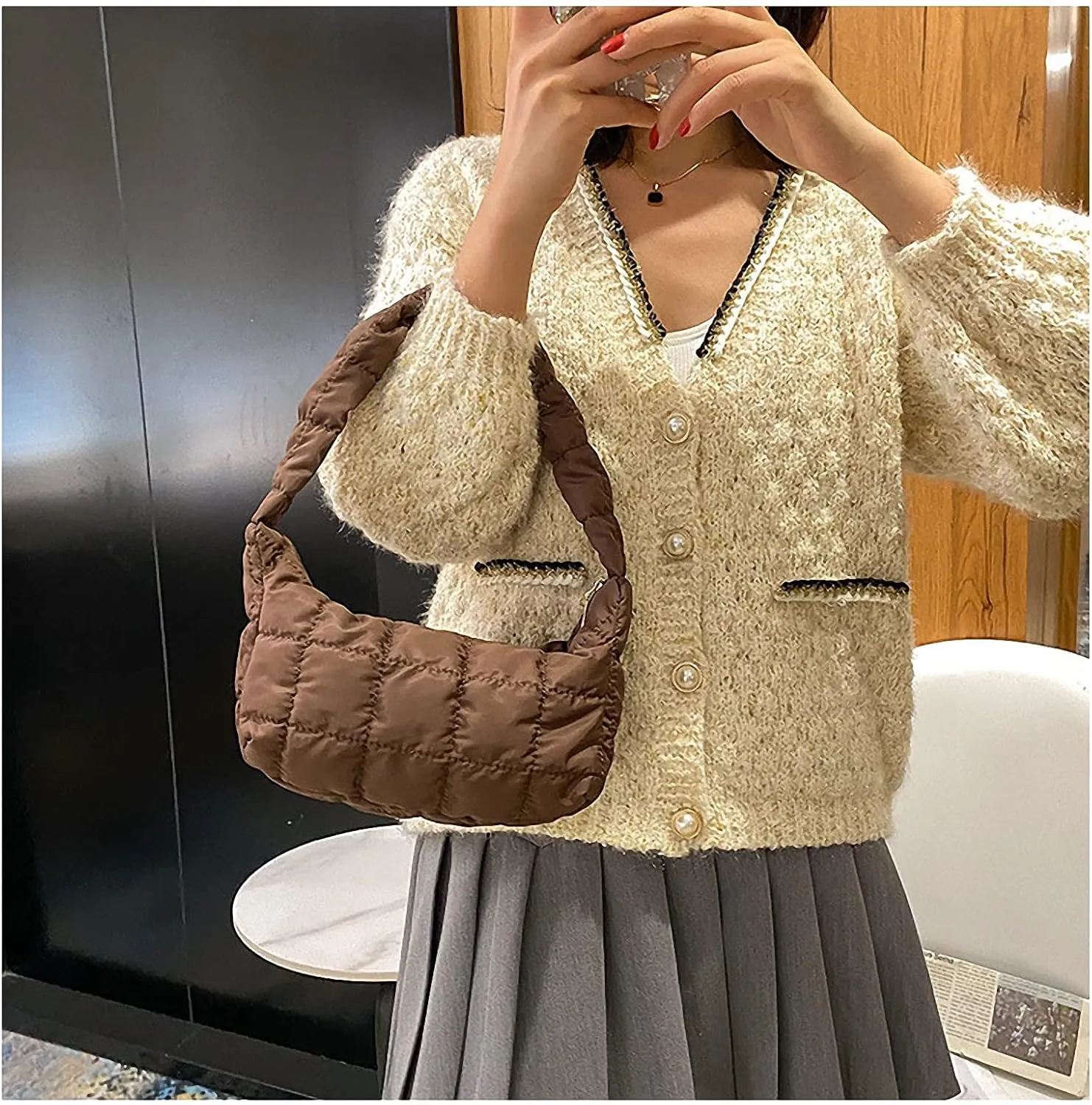 Dawery Oxford Cloth Women's Shoulder Bag Folds Rhombus Embroidery Thread Underarm Bag Simple Handbags for Women