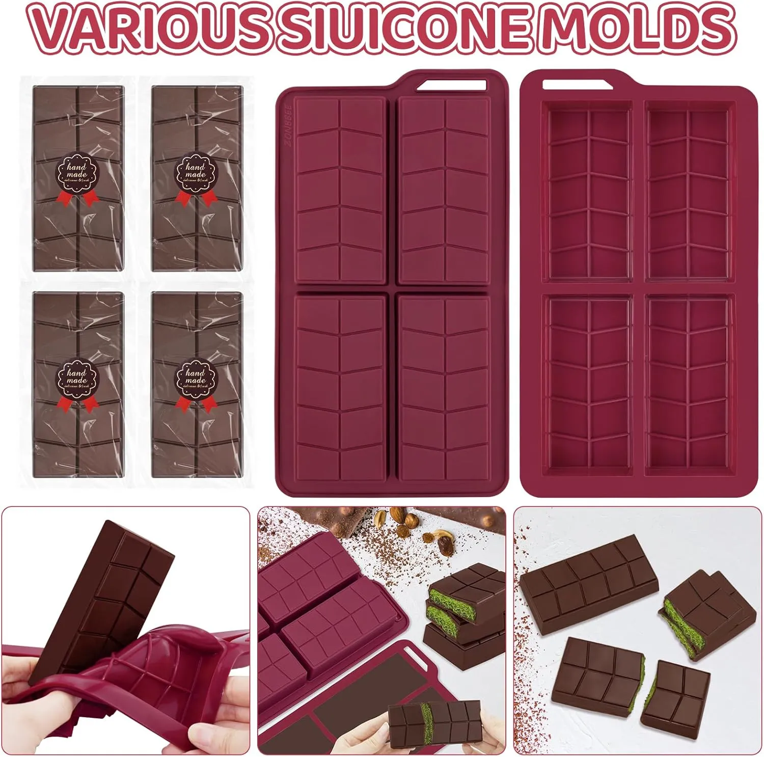 Deep Chocolate Bar Molds silicone,Large Thick Dubai Chocolat Form Bar pistachio Granola Candy Kit for Filling Cookie Pastry Make at home with Scraper and Bags