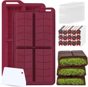Deep Chocolate Bar Molds silicone,Large Thick Dubai Chocolat Form Bar pistachio Granola Candy Kit for Filling Cookie Pastry Make at home with Scraper and Bags
