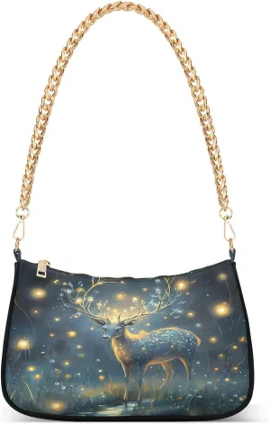 Deer Glowing Shoulder Handbags for Women Travel Hobo Tote Handbag Women Gold Chain Shoulder Bags Purse with Zipper Closure