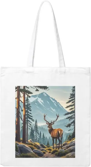 Deer Mountain Pine Tree Wilderness Print Canvas Handbags - Hot Stamping,Grocery Shopping,Washable Canvas Bags With Handles